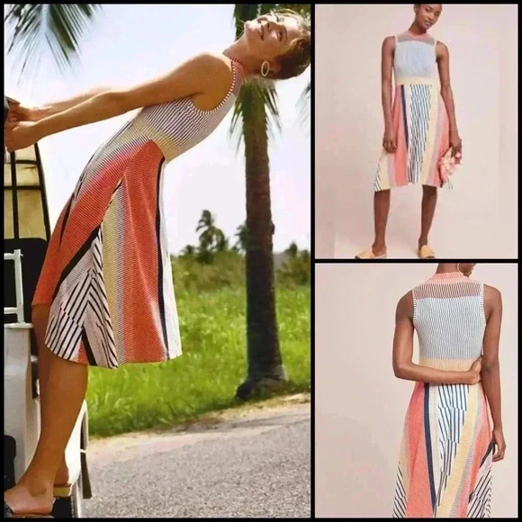 Anthropologie Maeve Clearly Handkerchief  Mock Neck Stripe Chic Midi Dress M - Picture 1 of 14